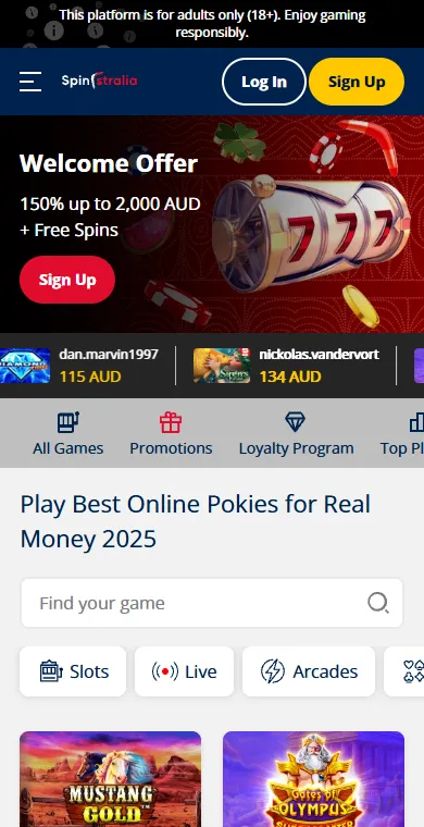 Spinstralia Casino mobile lobby in a phone browser with the welcome offer banner